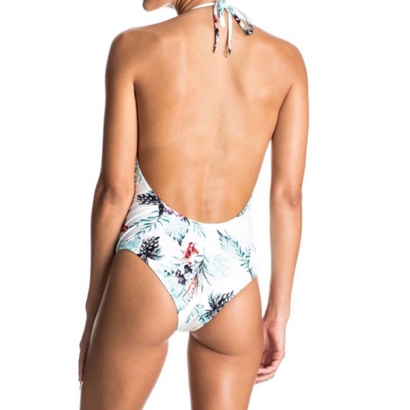 Moving Sale! EUC Roxy Shady Palm V Neck Swimsuit Halter Style Mesh Insert Medium - Picture 2 of 9